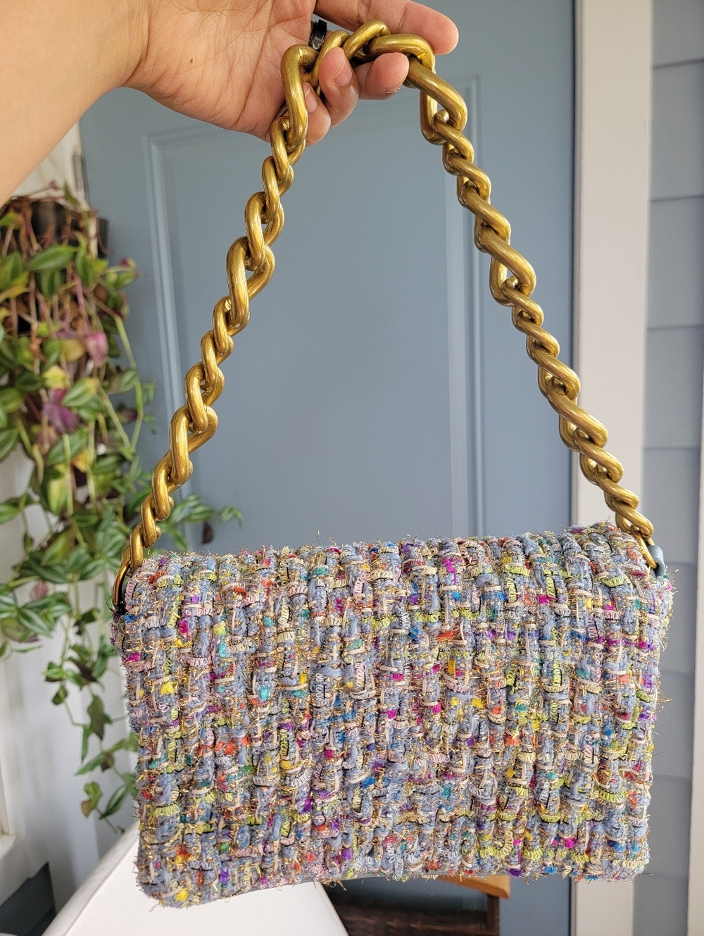 Blue Multicolor Tweed Shoulder Bag with Gold Chain Handle
